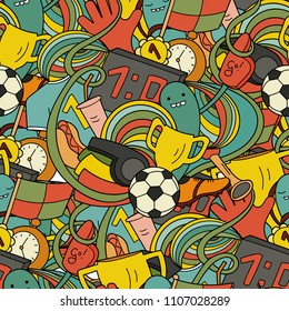 Doodle colorful art of football inventory. Cute monsters and sport items. Beautiful sports seamless pattern.