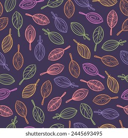 doodle colorful autumn leaf seamless pattern vector design on purple background