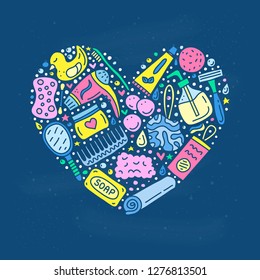 Doodle colorful bathroom and hygiene icons composed in heart shape.