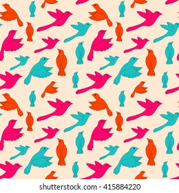 Doodle colorful birds seamless pattern. Vector hand drawn background.