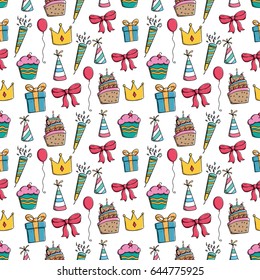 doodle colorful birthday elements in seamless pattern on white background