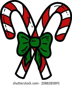 Doodle colorful candy canes with bow vector illustration. Christmas traditional decoration. Sweets for winter holidays
