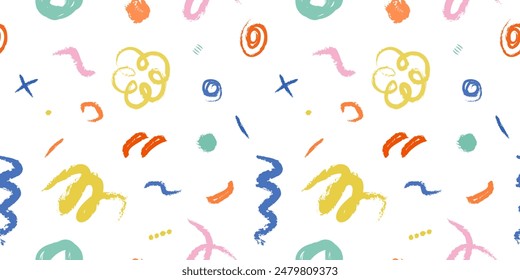 Doodle colorful childish Seamless Pattern. Brush drawn Scribbles, Squiggles, circles and strokes. Сolored Crayon strokes, different squiggles on white background. Vector illustration 