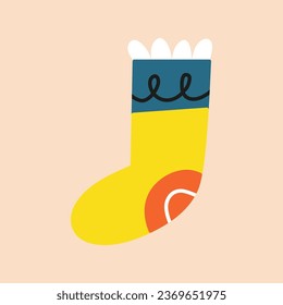 Doodle colorful Christmas sock isolated on beige background. Cute New year symbol.