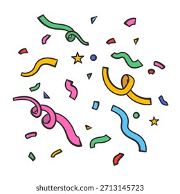Doodle elementos confetes coloridos - cachos, círculos, estrelas. Ilustração vetorial isolada no plano de fundo branco
