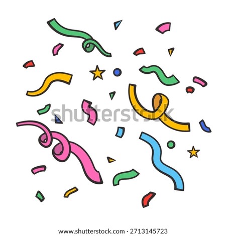Doodle colorful confetti elements - curls, circles, stars. Vector illustration isolated on white background