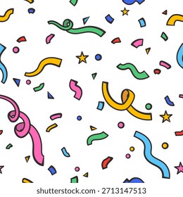 Doodle padrão colorido confete sem costura - cachos, círculos, estrelas. Ilustração vetorial isolada no plano de fundo branco