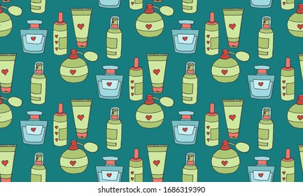 Doodle colorful cosmetic pattern. Fashion background with makeup items and perfumes. Hand drawn vector seamless pattern.