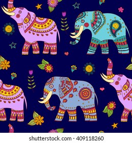 Doodle colorful elephants seamless pattern