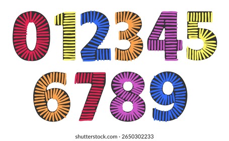Doodle colorful embroidery numbers. Font signs stitched with hand drawn vector thread.