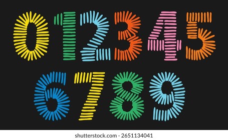 Doodle colorful embroidery numbers. Font signs stitched with hand drawn vector thread.
