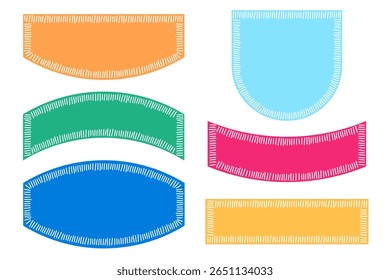 Doodle colorful embroidery patches set. Hand drawn geometric frames with stitches.