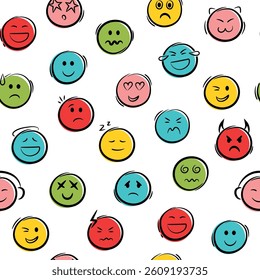 Doodle colorful emoji face icons seamless pattern. Sketch style ink brush vector signs background.