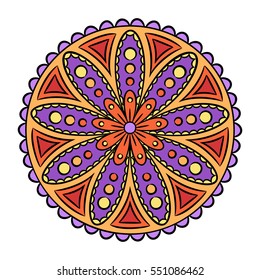 Doodle colorful flower isolated on white. Decorative art for birthday card, wedding, baby shower invitation, scrapbooking. Hand drawn graphic element. Boho ethnic style mandala. Vector illustration