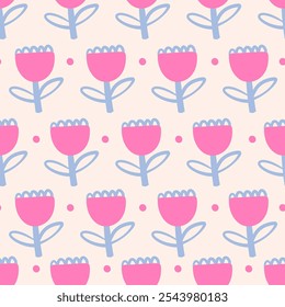 Doodle colorido patrón de doodle de flores sin fisuras. Estampado floral de verano con lindas flores de dibujos animados. Textura infantil de moda sin fin