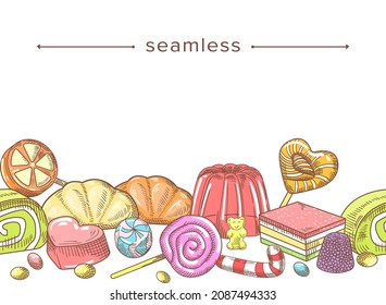 Doodle Colorful Frame with Lollipops, Dragee, Pastry Desserts and Sweets. Hand Drawn Seamless Pattern with Pudding, Candy Cane, Jelly Bear and Chocolate Confectionery. Linear Vector Illustration