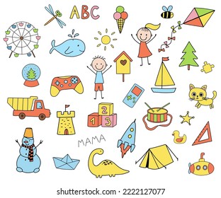 Doodle colorful funny illustration kite, drum, children, ice cream and dump truck isolated on white background. Set of kids toys