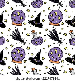Doodle farbenprächtiges Halloween-Muster mit Kristallkugel, Lavendel, Tränken und Hexenhut