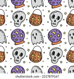Patrón de halloween colorido de garabato con bola de cristal, calabaza, fantasma y calavera