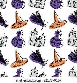 Doodle farbenfrohe Halloween-Muster mit Lavendel, Tränze, Wachskerzen und Hexenhut