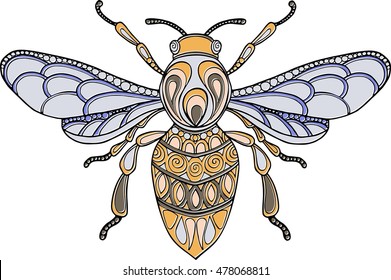 Doodle colorful hand drawn bee illustration. Ornate decorative bee drawing