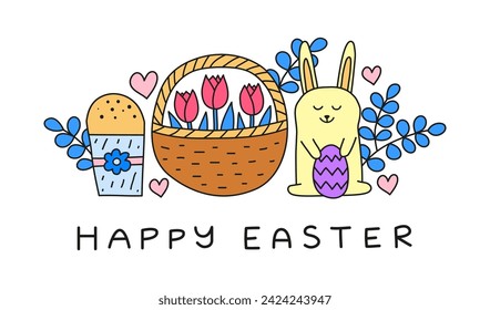 Doodle colorful happy Easter postcard isolated on white background. Cute bunny, kulich cake, basket of tulips, leafy branches, hearts.