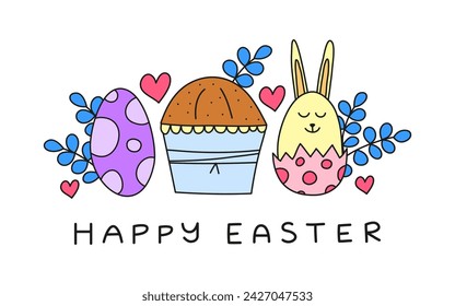 Doodle colorful happy Easter postcard isolated on white background. Cute bunny, kulich cake, egg, leafy branches, hearts.