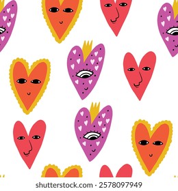 Doodle Colorful Heart Face Seamless Pattern. Surface Love Background Design. Valentine Day Wallpaper