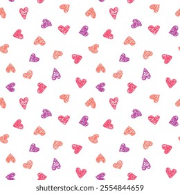 Doodle colorful hearts seamless Pattern. Cute Kids crayon drawings heart shapes Background. Playful Funny Template for card, invitation, package, Banner, wrapping paper Design