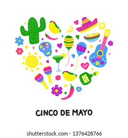 Doodle colorful icons for Cinco de mayo celebration composed in heart shape.