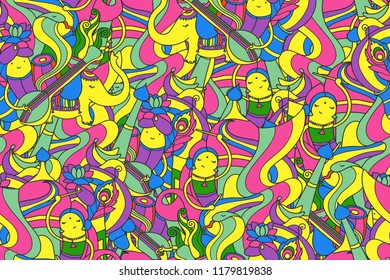 Doodle colorful Indian objects. Festive seamless pattern about Indian dance Dandiya. Vector illustration.