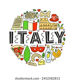 Doodle colorful Italia landmarks and attractions with lettering composed in circle shape isolated on white background. Travel concept poster.