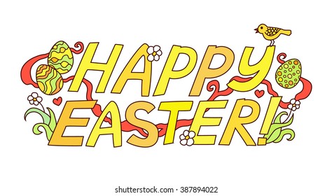 Doodle colorful lettering "Happy Easter" isolated on white background. Vector illustration