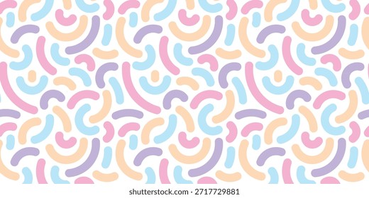 Doodle bunte Linie nahtloses Muster. Verspielte geometrische Vektorgrafik. Handgezeichnet. Trendy Grafikdesign. Rosa, gelb, blau, violett. Festliche Feiertage abstrakte Muster.