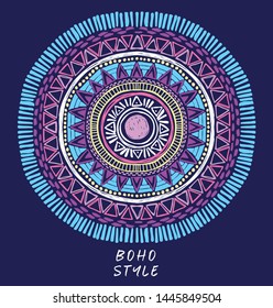 Doodle colorful mandala with sun sign in its center on deep blue background, can be used for tattoo, sketch style vector illustration