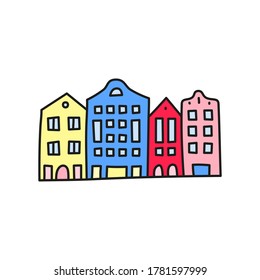 Doodle colorful old houses, shops isolated on white background. Street of suburban homes.