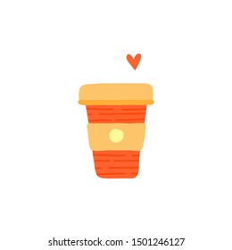 Doodle colorful paper cup to go with heart isolated on white background.