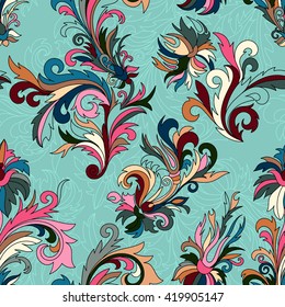 Doodle colorful pastel floral hand draw seamless pattern. Vector illustration. Ornate flowers ornament. Pastel pink blue gray tone colors on blue background.