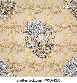 Doodle colorful pastel floral hand draw seamless pattern. Vector illustration. Ornate flowers ornament. Golden tone colors on light background.