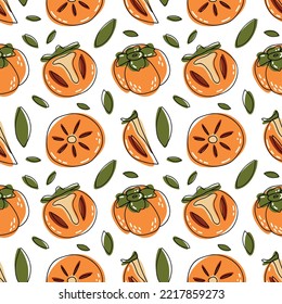 Doodle colorful pattern of different persimmon with leaves