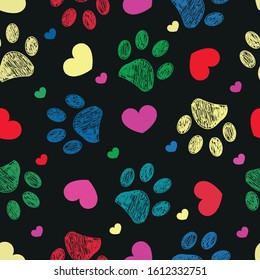 Doodle colorful paw prints with hearts seamless fabric design pattern vector black background