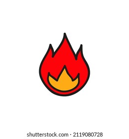 Doodle colorful red fire icon isolated on white background.