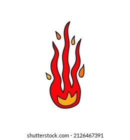 Doodle colorful red fire icon isolated on white background.