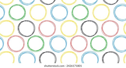 Doodle colorido anillos sin patrón. Dibujado a mano círculos boceto. Vector para ropa, fondo, impresión, paquete, envoltura.