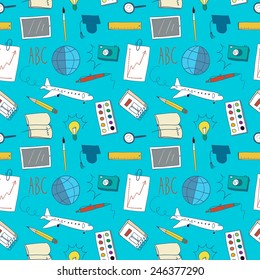 Doodle colorful seamless background about education and learning  including  plane; ruler; pencil; notebook; planet; camera; brush; paint; pen; magnifying glass; schedule; calendar; tablet; light