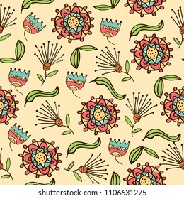 Doodle colorful seamless pattern with flowers and leafs