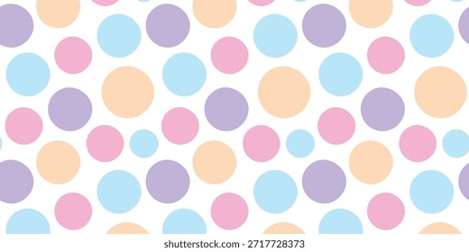 Doodle colorido patrón sin fisuras. Ilustración vectorial geométrica creativa juguetona. Dibujado a mano. Diseño gráfico abstracto de moda. Rosa, amarillo, azul, púrpura. Forma de círculo. Patrón festivo de lunares de vacaciones.