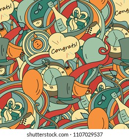 Doodle colorful seamless pattern in retro style with festive items, congrats for Father's day or Birthday. Gentleman's objects.