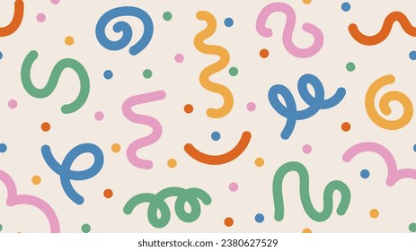 Doodle colorful shapes and lines on beige background. Playful vector illustration for children, party or trendy design. Abstract minimalist seamless pattern with falling confetti.