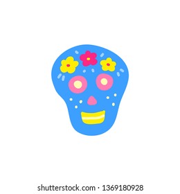 Doodle colorful skull icon isolated on white background.